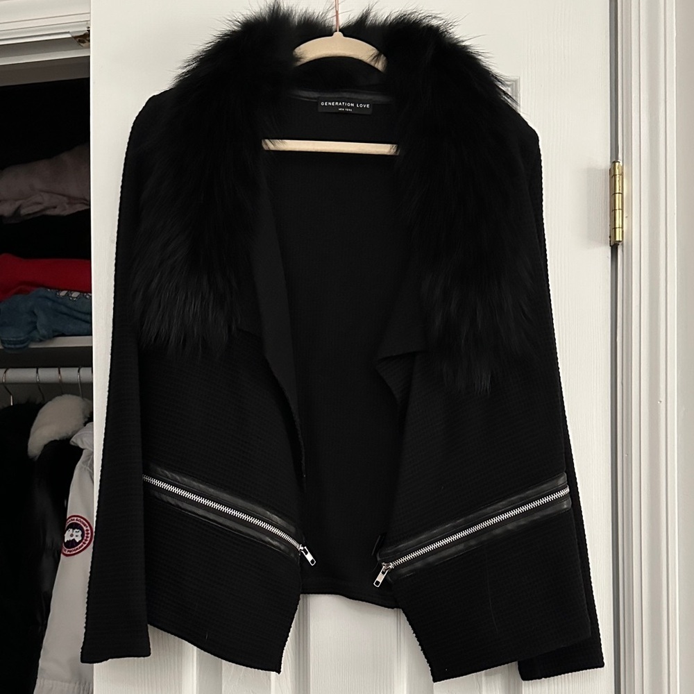Generation Love Black Waffle Cardigan/Coat with Fur Trim